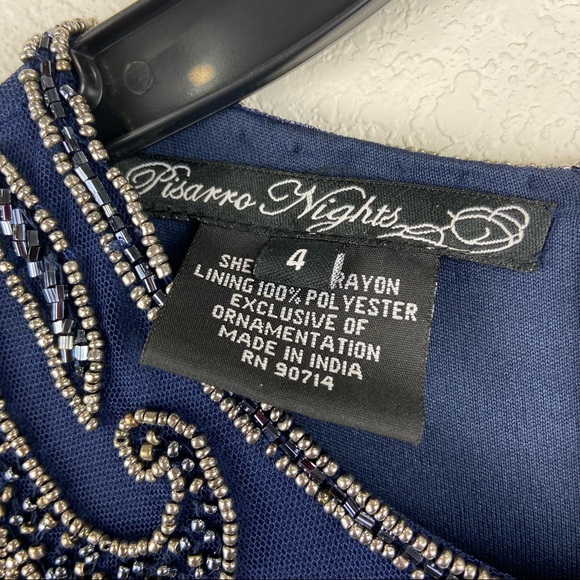 Pisarro Nights Beaded Mesh Column Gown SZ 4 Navy D2451 3/4 sleeve - Picture 12 of 13